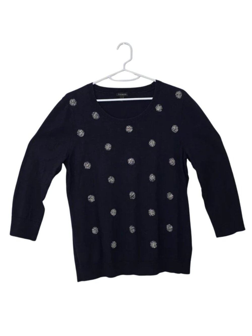 Talbots Navy Blue Women's Sweater w. Tinsel Dot Beaded Polka Dots Size Large